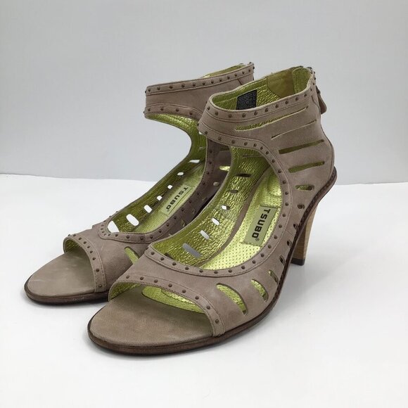 Tsubo Shoes - GLAM Size 9 Tsubo Sandals Heels Pumps Open Toe Strappy Taupe Gold Lined Ankle